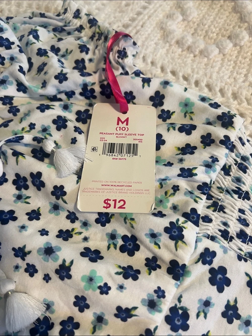 Justice White Floral Peasant Top with Navy & Teal Flowers